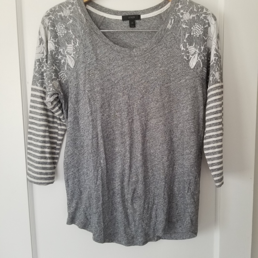 J. Crew Grey & White Long Sleeve Mixed Print Floral Baseball Style T-shirt Sz M